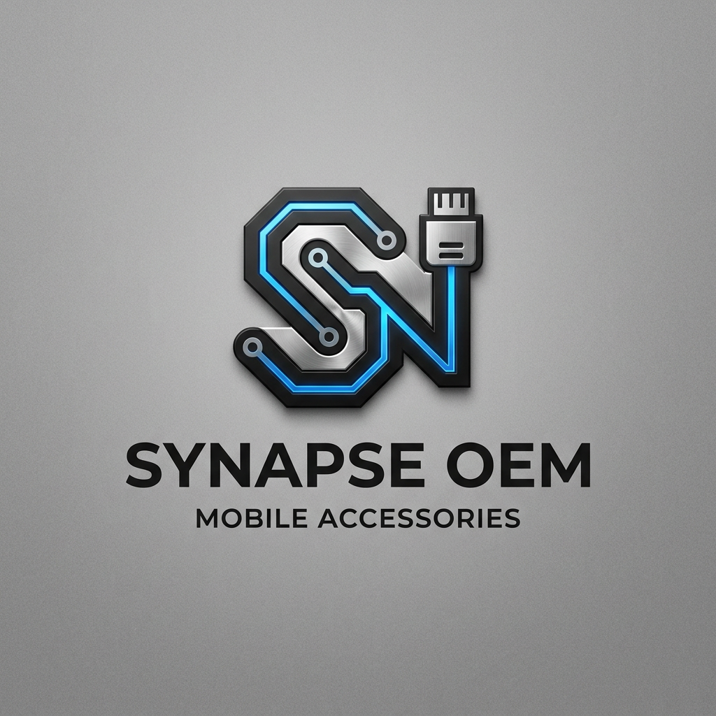 AI Design for A professional, minimalist logo design for an OEM mobile accessories company. The aesthetic should feature clean lines, a modern geometric icon representing connectivity or tech hardware, and a sophisticated color palette of matte black, silver, and electric blue. The design should be centered on a solid neutral background, emphasizing high-end manufacturing precision and industrial elegance.