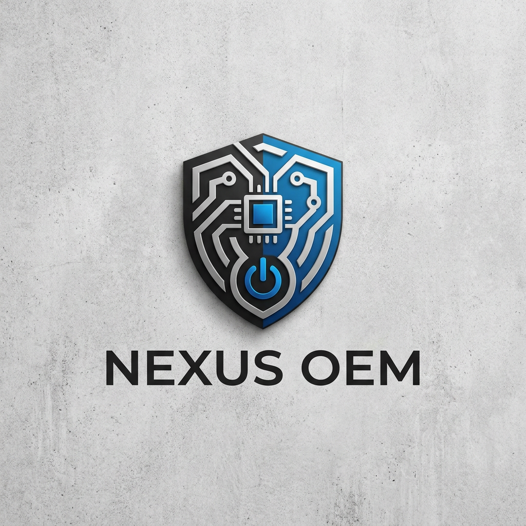 AI Design for A professional, minimalist logo design for an OEM mobile accessories company. The aesthetic should feature clean lines, a modern geometric icon representing connectivity or tech hardware, and a sophisticated color palette of matte black, silver, and electric blue. The design should be centered on a solid neutral background, emphasizing high-end manufacturing precision and industrial elegance.