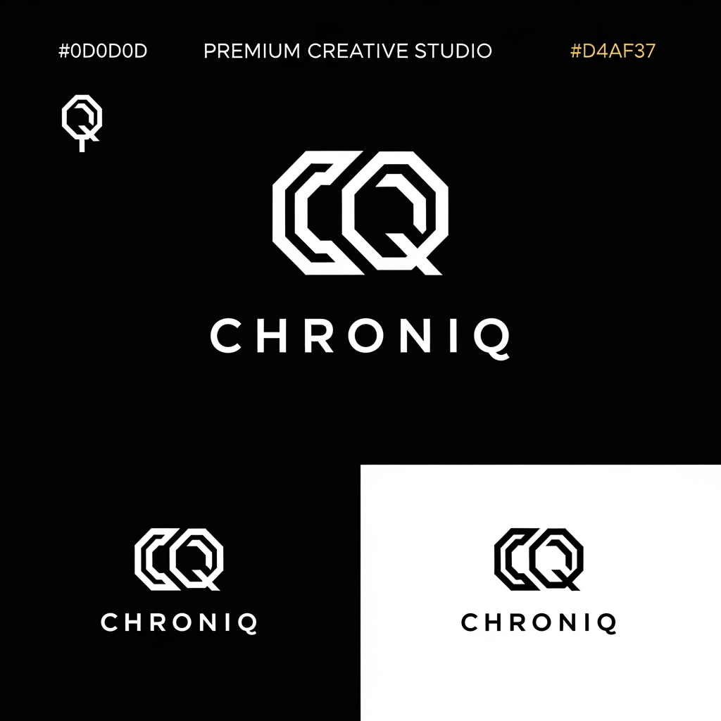 AI Design for Create a world-class logo for a modern graphic design brand called CHRONIQ.
Brand personality:
Modern
Minimalist
Premium
Creative
Timeless
Innovative
Design requirements:
Create a unique monogram combining the letters C and Q
Use geometric construction and negative space
Incorporate subtle symbolism of storytelling, time, evolution, and visual creativity
Avoid cliché design symbols such as pencils, brushes, palettes, cameras, or generic graphic design icons
Vector style with clean lines and perfect symmetry
Strong enough to be recognized as a standalone icon
Suitable for Instagram profile photos, posters, branding, merchandise, and a creative agency
Typography:
Custom modern sans-serif wordmark
Elegant letter spacing
Premium creative-studio aesthetic
Color palette:
Primary: Matte Black (#0D0D0D)
Secondary: White (#FFFFFF)
Optional Accent: Metallic Gold (#D4AF37)
Style references:
Modern luxury branding, Swiss design, technology brands, creative studios, award-winning identity systems.
Output:
Symbol only version
Wordmark version
Full logo lockup
Black background version
White background version
The final result should feel like a global creative agency brand rather than a typical Instagram design page.