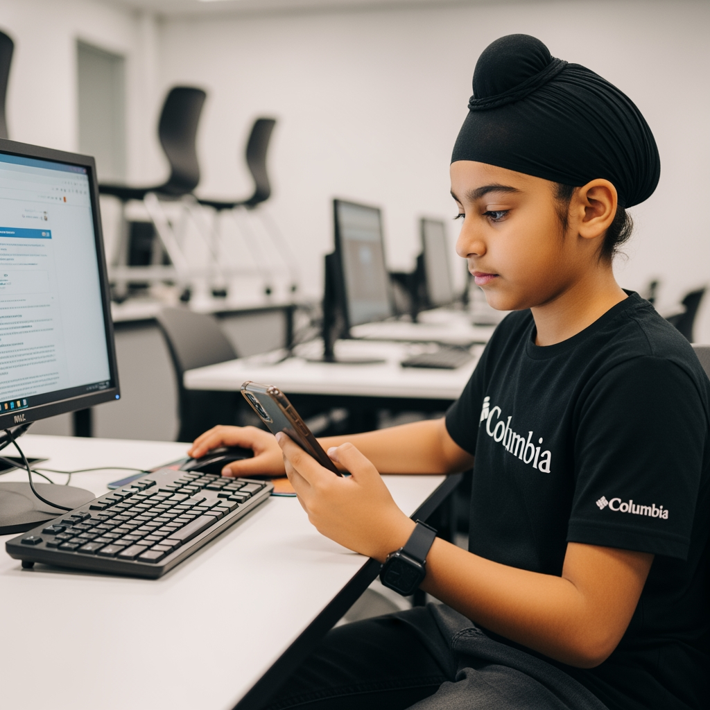 AI Design for a boy in this computer class using phone with his left hand and on computer opening a website and using mouse with his right hand . boy wearing watch in his left hand and wearing black t-shirt skin and some shade of gray on his lower with the logo of columbia wearing black turban