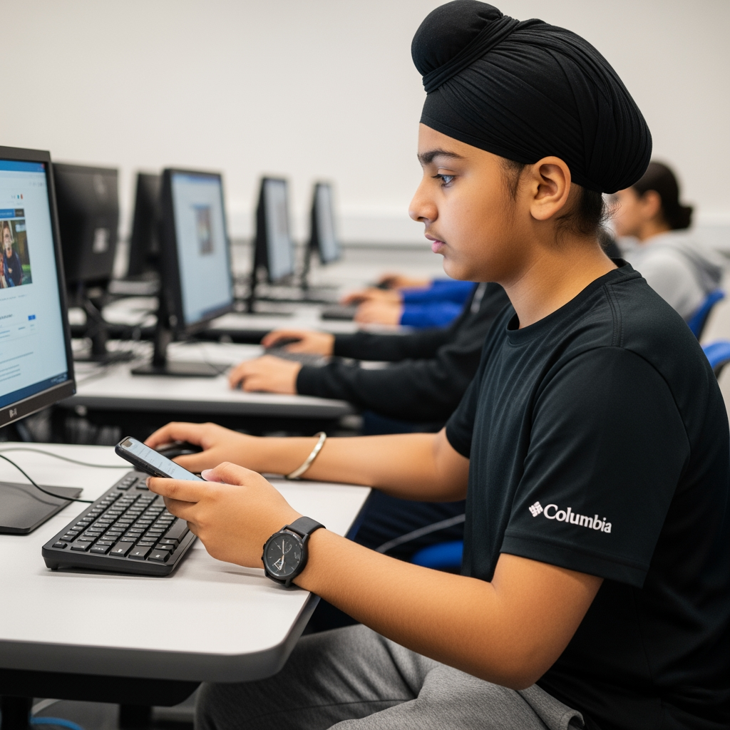 AI Design for a boy in this computer class using phone with his left hand and on computer opening a website and using mouse with his right hand . boy wearing watch in his left hand and wearing black t-shirt skin and some shade of gray on his lower with the logo of columbia wearing black turban