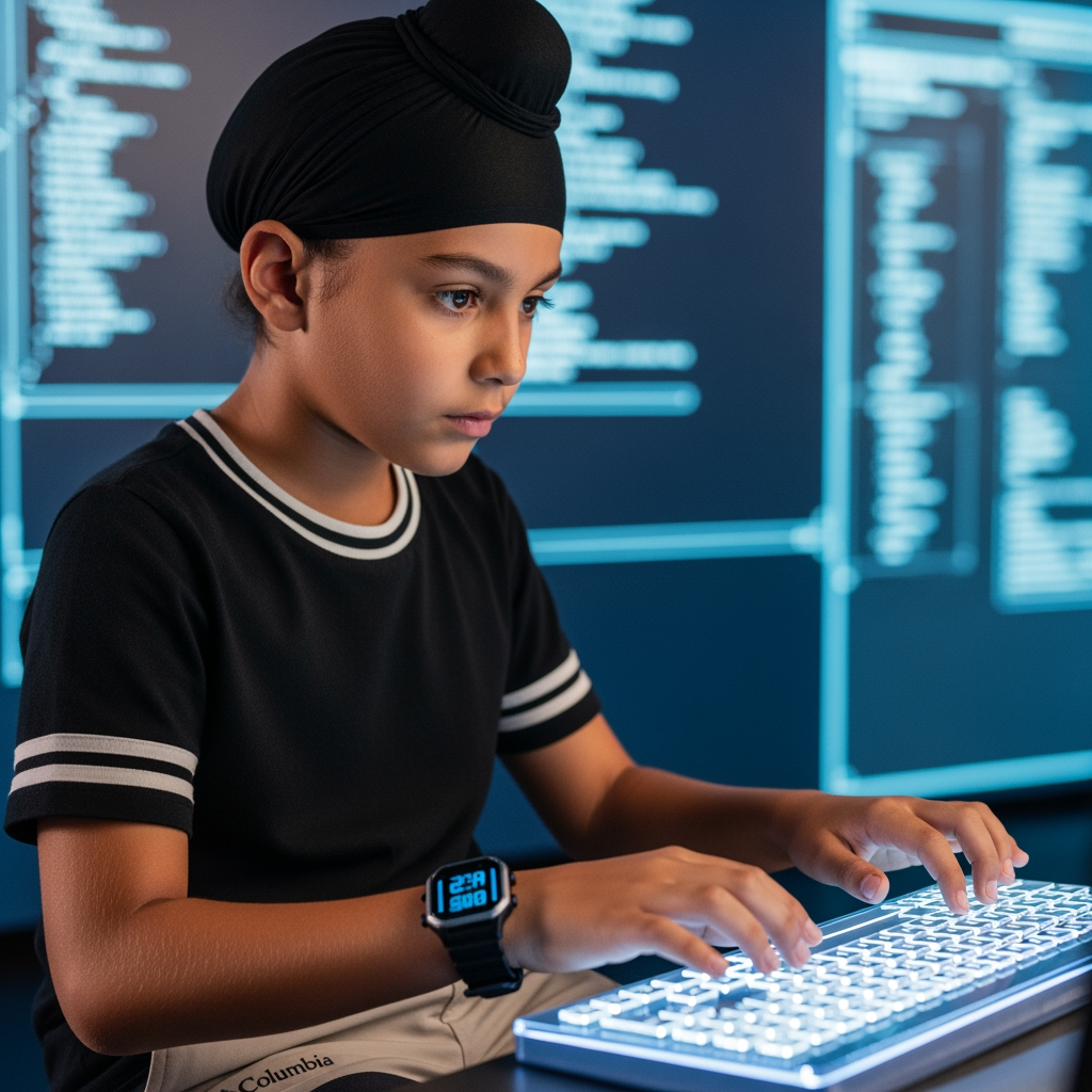 AI Design for a boy in this computer . doing typing with his both hands . boy wearing watch in his left hand and wearing black t-shirt with white lines on the caular and on arm and wearing skin colour and some shade of gray on his pants with the logo of columbia wearing black turban