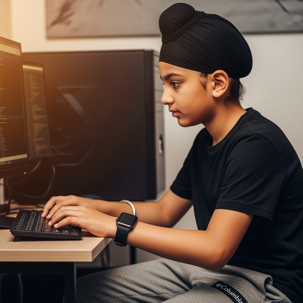 AI Design for a boy in this computer . doing typing with his both hands . boy wearing watch in his left hand and wearing black t-shirt and wearing skin colour and some shade of gray on his pants with the logo of columbia wearing black turban
