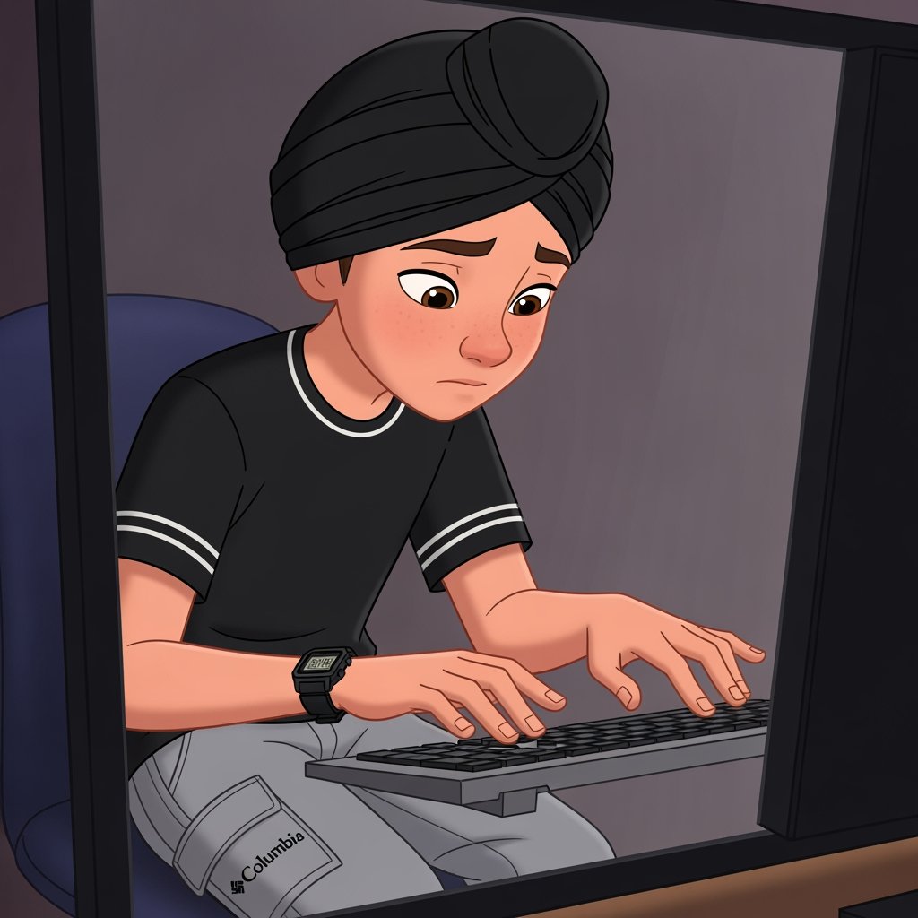 AI Design for a boy in this computer . doing typing with his both hands . boy wearing watch in his left hand and wearing black t-shirt with white lines on the caular and on arm and wearing skin colour and some shade of gray on his pants with the logo of columbia wearing black turban make this in animation type