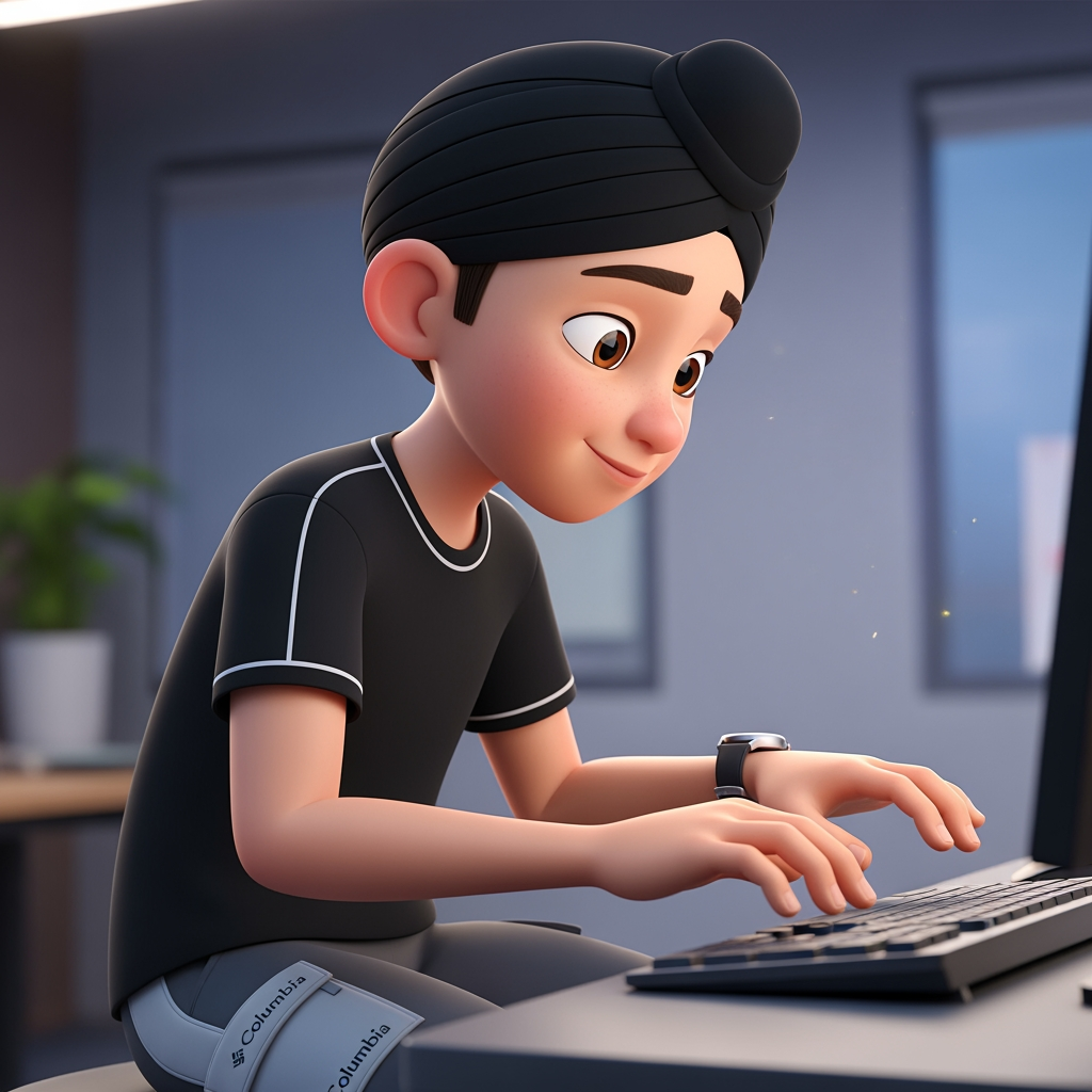 AI Design for a boy in this computer . doing typing with his both hands . boy wearing watch in his left hand and wearing black t-shirt with white lines on the caular and on arm and wearing skin colour and some shade of gray on his pants with the logo of columbia wearing black turban make this in animation type