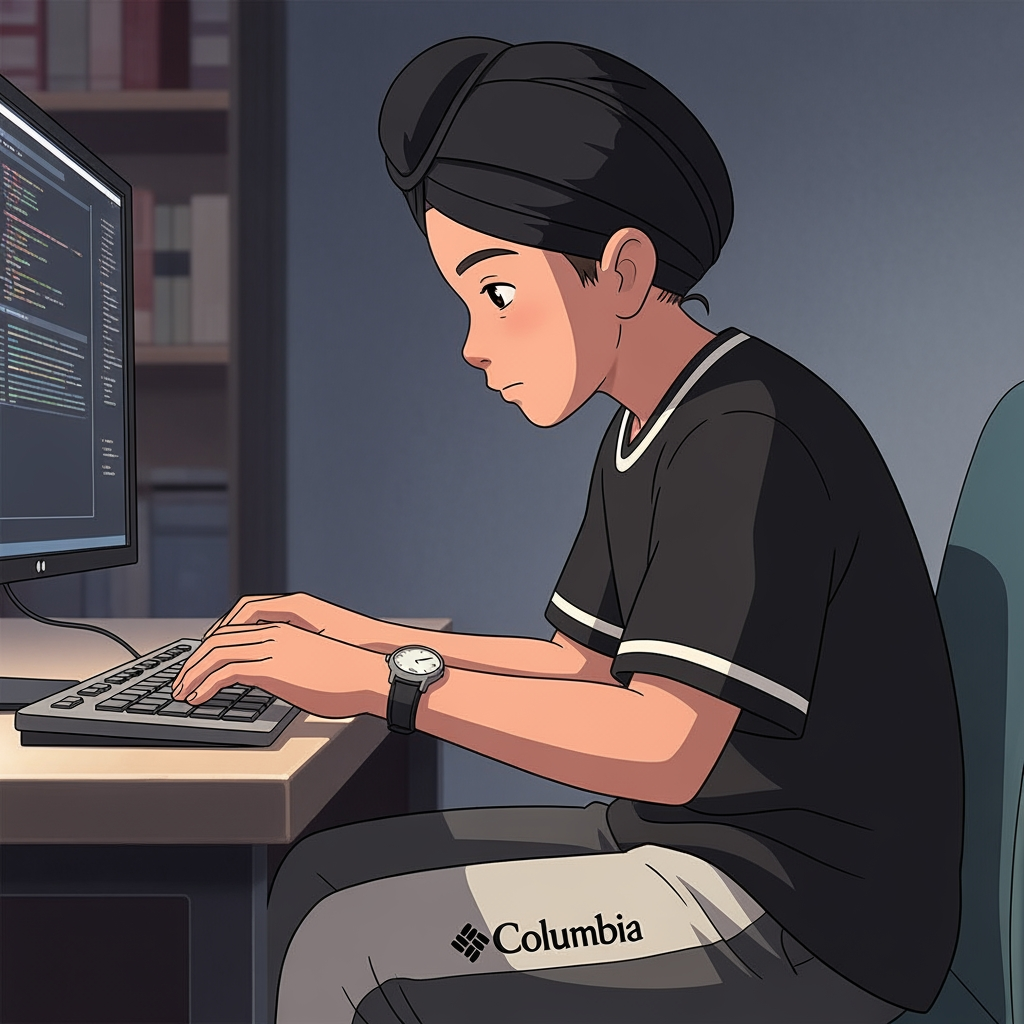 AI Design for a boy in this computer . doing typing with his both hands . boy wearing watch in his left hand and wearing black t-shirt with white lines on the caular and on arm and wearing skin colour and some shade of gray on his pants with the logo of columbia wearing black turban make this in animation type