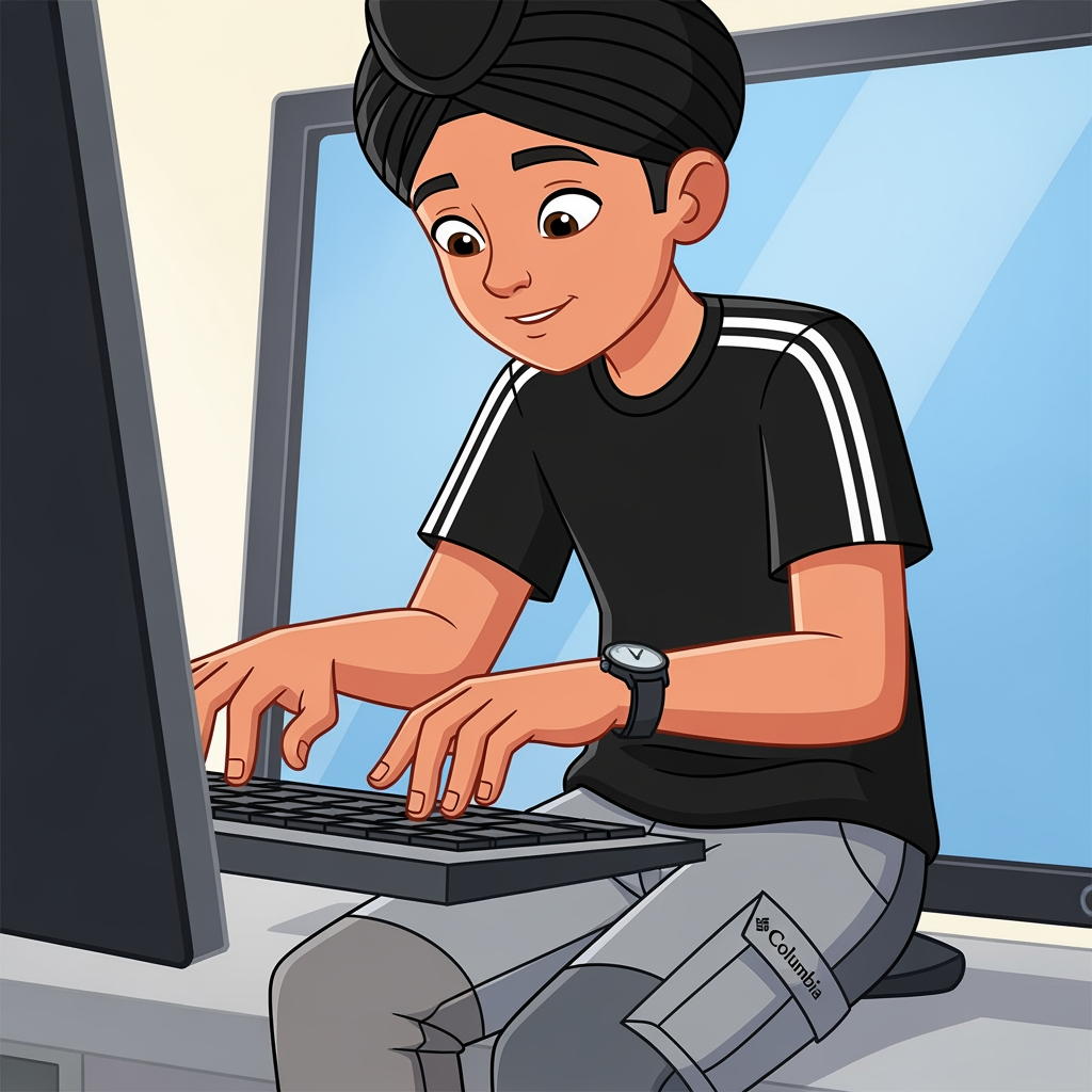 AI Design for a boy in this computer . doing typing with his both hands . boy wearing watch in his left hand and wearing black t-shirt with white lines on the caular and on arm and wearing skin colour and some shade of gray on his pants with the logo of columbia wearing black turban make this in animation type