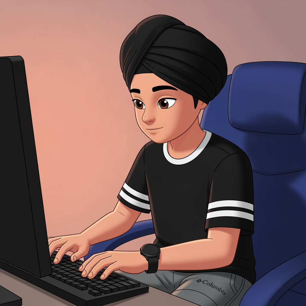 AI Design for a boy in this computer . doing typing with his both hands . boy wearing watch in his left hand and wearing black t-shirt with white lines on the caular and on arm and wearing skin colour and some shade of gray on his pants with the logo of columbia wearing black turban make this in animation type