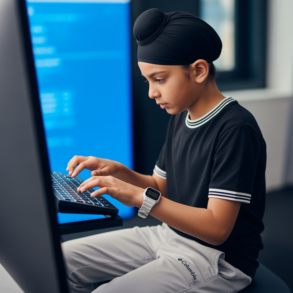 AI Design for a boy in this computer . doing typing with his both hands . boy wearing watch in his left hand and wearing black t-shirt with white lines on the caular and on arm and wearing skin colour and some shade of gray on his pants with the logo of columbia wearing black turban