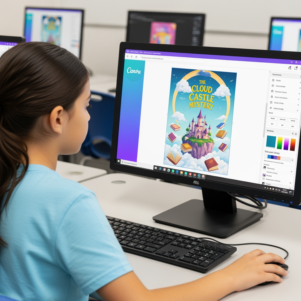 AI Design for a girl in a computer class making a book poster on canva