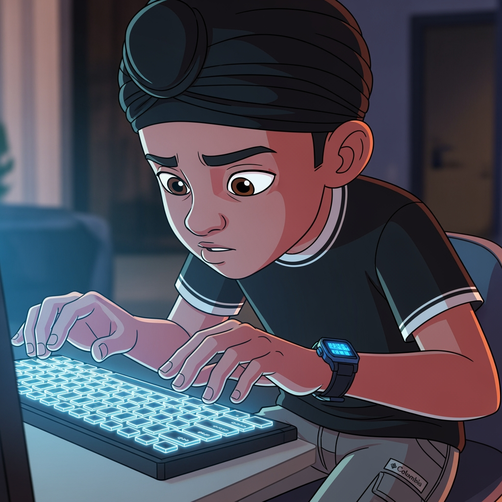 AI Design for a boy in this computer . doing typing with his both hands . boy wearing watch in his left hand and wearing black t-shirt with white lines on the caular and on arm and wearing skin colour and some shade of gray on his pants with the logo of columbia wearing black turban make this in animation type