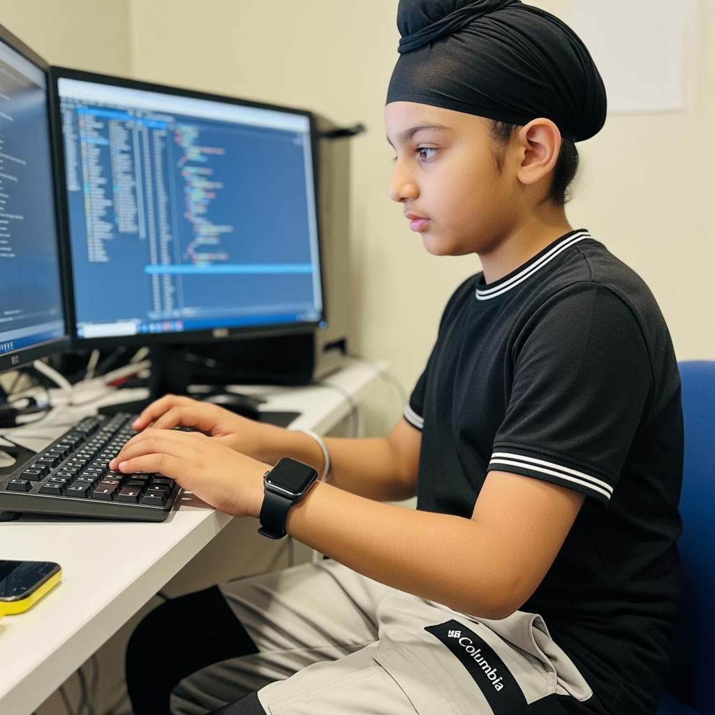 AI Design for a boy in this computer . doing typing with his both hands . boy wearing watch in his left hand and wearing black t-shirt with white lines on the caular and on arm and wearing skin colour and some shade of gray on his pants with the logo of columbia wearing black turban