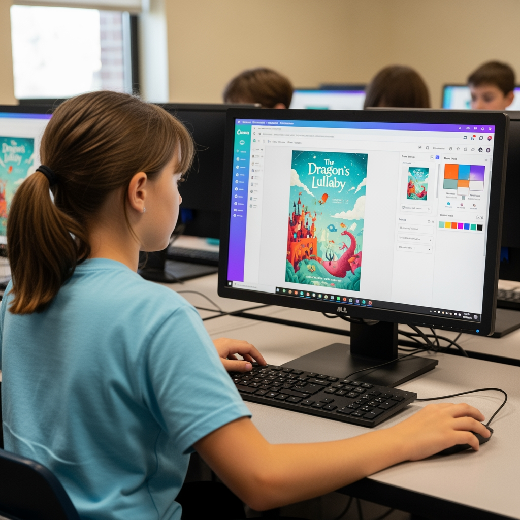 AI Design for a girl in a computer class making a book poster on canva