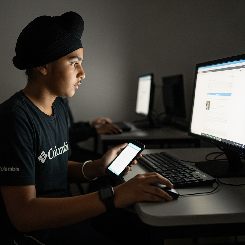 AI Design for a boy in this computer class using phone with his left hand and on computer opening a website and using mouse with his right hand . boy wearing watch in his left hand and wearing black t-shirt skin and some shade of gray on his lower with the logo of columbia wearing black turban
