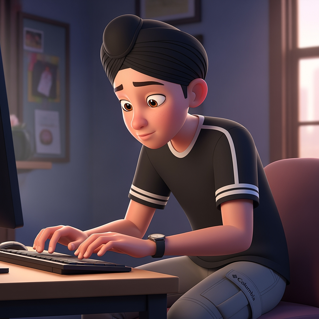 AI Design for a boy in this computer . doing typing with his both hands . boy wearing watch in his left hand and wearing black t-shirt with white lines on the caular and on arm and wearing skin colour and some shade of gray on his pants with the logo of columbia wearing black turban make this in animation type
