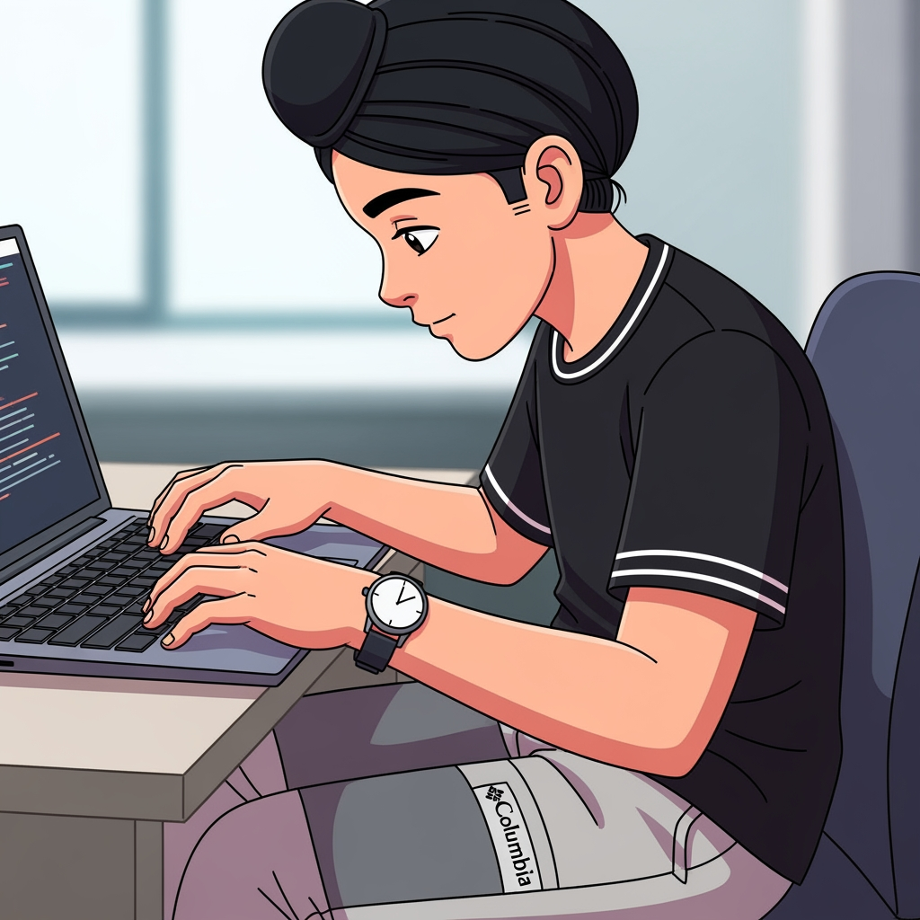 AI Design for a boy in this computer . doing typing with his both hands . boy wearing watch in his left hand and wearing black t-shirt with white lines on the caular and on arm and wearing skin colour and some shade of gray on his pants with the logo of columbia wearing black turban make this in animation type