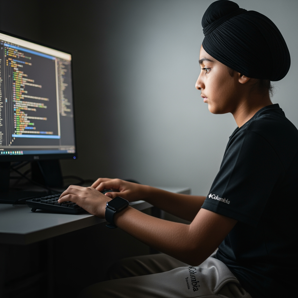 AI Design for a boy in this computer . doing typing with his both hands . boy wearing watch in his left hand and wearing black t-shirt and wearing skin colour and some shade of gray on his pants with the logo of columbia wearing black turban
