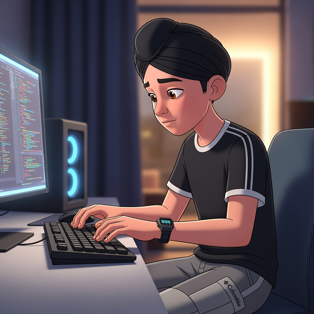 AI Design for a boy in this computer . doing typing with his both hands . boy wearing watch in his left hand and wearing black t-shirt with white lines on the caular and on arm and wearing skin colour and some shade of gray on his pants with the logo of columbia wearing black turban make this in animation type