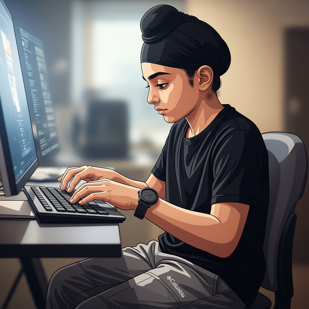 AI Design for a boy in this computer . doing typing with his both hands . boy wearing watch in his left hand and wearing black t-shirt and wearing skin colour and some shade of gray on his pants with the logo of columbia wearing black turban
