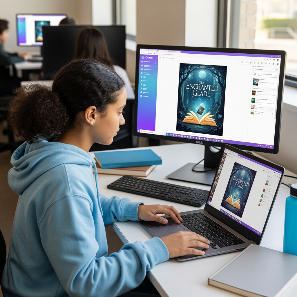 AI Design for a girl in a computer class making a book poster on canva