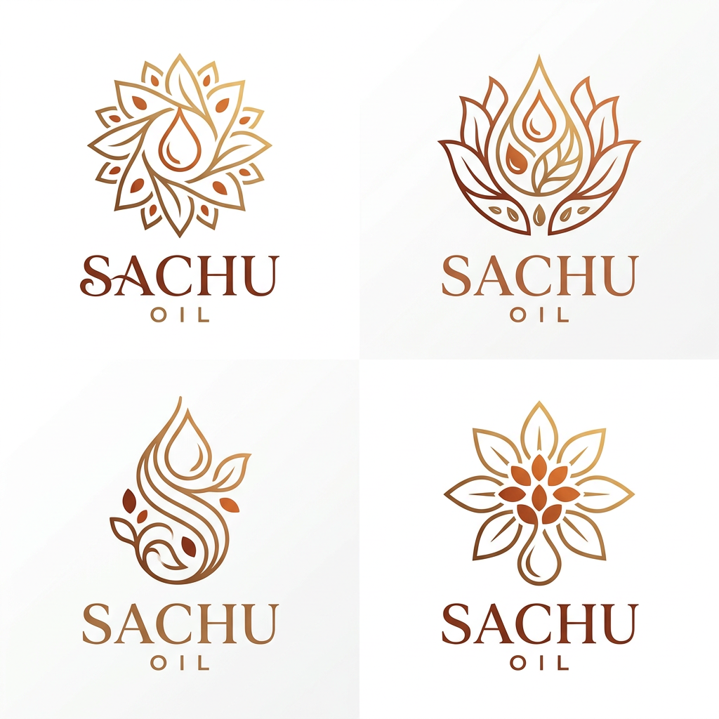 AI Design for Create a premium luxury logo for an edible oil brand named "SACHU OIL".
Style: Minimalist, elegant, high-end FMCG branding.
Design a unique abstract symbol above the text inspired by oil drops, sunflower petals, sesame seeds, leaves, natural flow, and organic purity.
The symbol should feel similar in sophistication to luxury beauty and wellness brands, not a generic food logo.
Use refined thin-line geometry, balanced symmetry, and creative negative space.
Typography: Large elegant serif font for SACHU, small widely-spaced OIL underneath.
Color palette: Deep copper, burnt orange, warm gold, premium bronze.
Clean white background.
Premium packaging-ready logo.
Modern, memorable, eye-catching, professional, luxurious, trustworthy, organic, export-quality branding.
Avoid cartoon styles, clipart, stock icons, and overly detailed illustrations.
Create multiple concepts with different floral-oil-drop hybrid symbols while maintaining the same luxury aesthetic.
Square composition, 1:1 ratio, ultra-high quality, brand identity presentation.