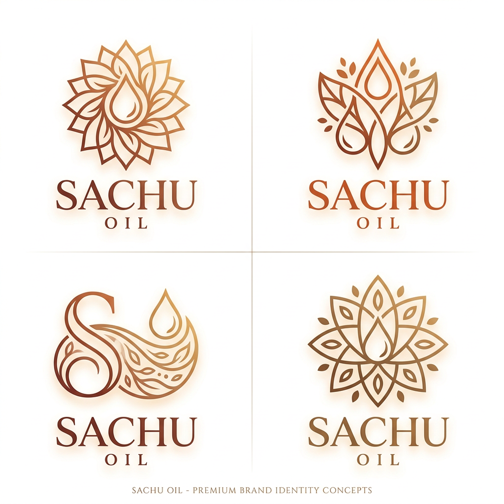 AI Design for Create a premium luxury logo for an edible oil brand named "SACHU OIL".
Style: Minimalist, elegant, high-end FMCG branding.
Design a unique abstract symbol above the text inspired by oil drops, sunflower petals, sesame seeds, leaves, natural flow, and organic purity.
The symbol should feel similar in sophistication to luxury beauty and wellness brands, not a generic food logo.
Use refined thin-line geometry, balanced symmetry, and creative negative space.
Typography: Large elegant serif font for SACHU, small widely-spaced OIL underneath.
Color palette: Deep copper, burnt orange, warm gold, premium bronze.
Clean white background.
Premium packaging-ready logo.
Modern, memorable, eye-catching, professional, luxurious, trustworthy, organic, export-quality branding.
Avoid cartoon styles, clipart, stock icons, and overly detailed illustrations.
Create multiple concepts with different floral-oil-drop hybrid symbols while maintaining the same luxury aesthetic.
Square composition, 1:1 ratio, ultra-high quality, brand identity presentation.