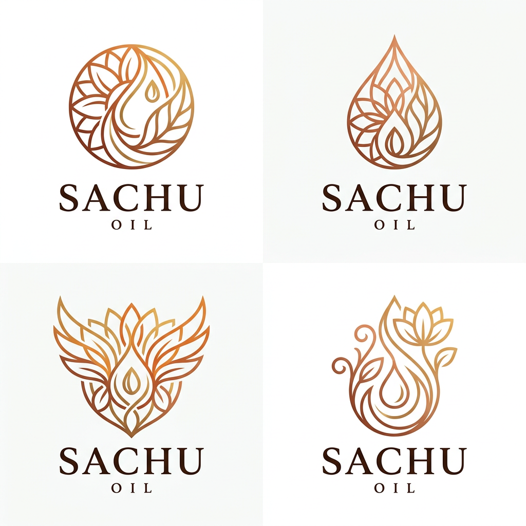 AI Design for Create a premium luxury logo for an edible oil brand named "SACHU OIL".
Style: Minimalist, elegant, high-end FMCG branding.
Design a unique abstract symbol above the text inspired by oil drops, sunflower petals, sesame seeds, leaves, natural flow, and organic purity.
The symbol should feel similar in sophistication to luxury beauty and wellness brands, not a generic food logo.
Use refined thin-line geometry, balanced symmetry, and creative negative space.
Typography: Large elegant serif font for SACHU, small widely-spaced OIL underneath.
Color palette: Deep copper, burnt orange, warm gold, premium bronze.
Clean white background.
Premium packaging-ready logo.
Modern, memorable, eye-catching, professional, luxurious, trustworthy, organic, export-quality branding.
Avoid cartoon styles, clipart, stock icons, and overly detailed illustrations.
Create multiple concepts with different floral-oil-drop hybrid symbols while maintaining the same luxury aesthetic.
Square composition, 1:1 ratio, ultra-high quality, brand identity presentation.