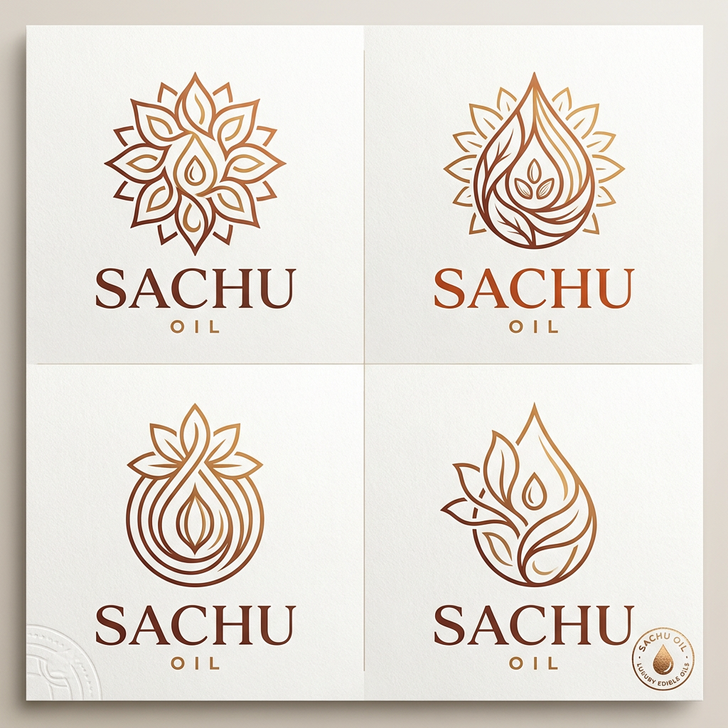 AI Design for Create a premium luxury logo for an edible oil brand named "SACHU OIL".
Style: Minimalist, elegant, high-end FMCG branding.
Design a unique abstract symbol above the text inspired by oil drops, sunflower petals, sesame seeds, leaves, natural flow, and organic purity.
The symbol should feel similar in sophistication to luxury beauty and wellness brands, not a generic food logo.
Use refined thin-line geometry, balanced symmetry, and creative negative space.
Typography: Large elegant serif font for SACHU, small widely-spaced OIL underneath.
Color palette: Deep copper, burnt orange, warm gold, premium bronze.
Clean white background.
Premium packaging-ready logo.
Modern, memorable, eye-catching, professional, luxurious, trustworthy, organic, export-quality branding.
Avoid cartoon styles, clipart, stock icons, and overly detailed illustrations.
Create multiple concepts with different floral-oil-drop hybrid symbols while maintaining the same luxury aesthetic.
Square composition, 1:1 ratio, ultra-high quality, brand identity presentation.