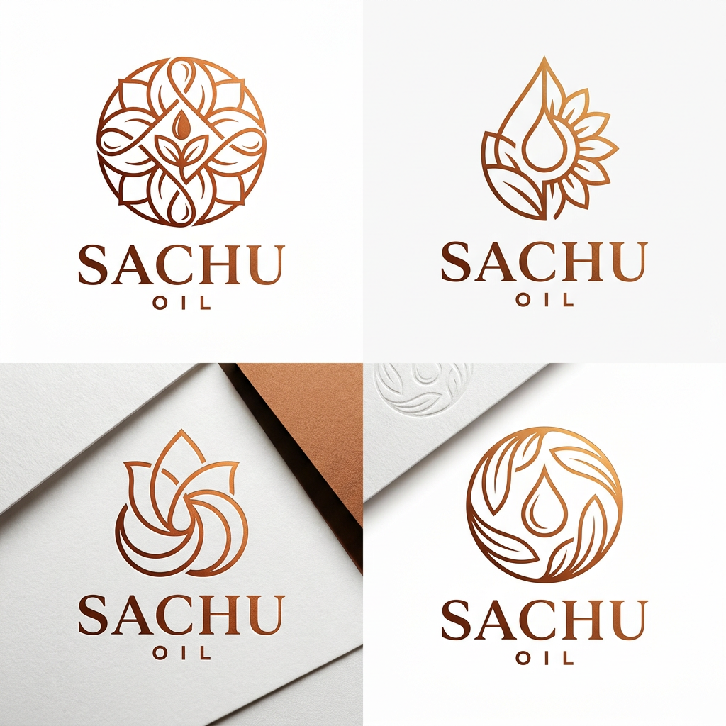 AI Design for Create a premium luxury logo for an edible oil brand named "SACHU OIL".
Style: Minimalist, elegant, high-end FMCG branding.
Design a unique abstract symbol above the text inspired by oil drops, sunflower petals, sesame seeds, leaves, natural flow, and organic purity.
The symbol should feel similar in sophistication to luxury beauty and wellness brands, not a generic food logo.
Use refined thin-line geometry, balanced symmetry, and creative negative space.
Typography: Large elegant serif font for SACHU, small widely-spaced OIL underneath.
Color palette: Deep copper, burnt orange, warm gold, premium bronze.
Clean white background.
Premium packaging-ready logo.
Modern, memorable, eye-catching, professional, luxurious, trustworthy, organic, export-quality branding.
Avoid cartoon styles, clipart, stock icons, and overly detailed illustrations.
Create multiple concepts with different floral-oil-drop hybrid symbols while maintaining the same luxury aesthetic.
Square composition, 1:1 ratio, ultra-high quality, brand identity presentation.