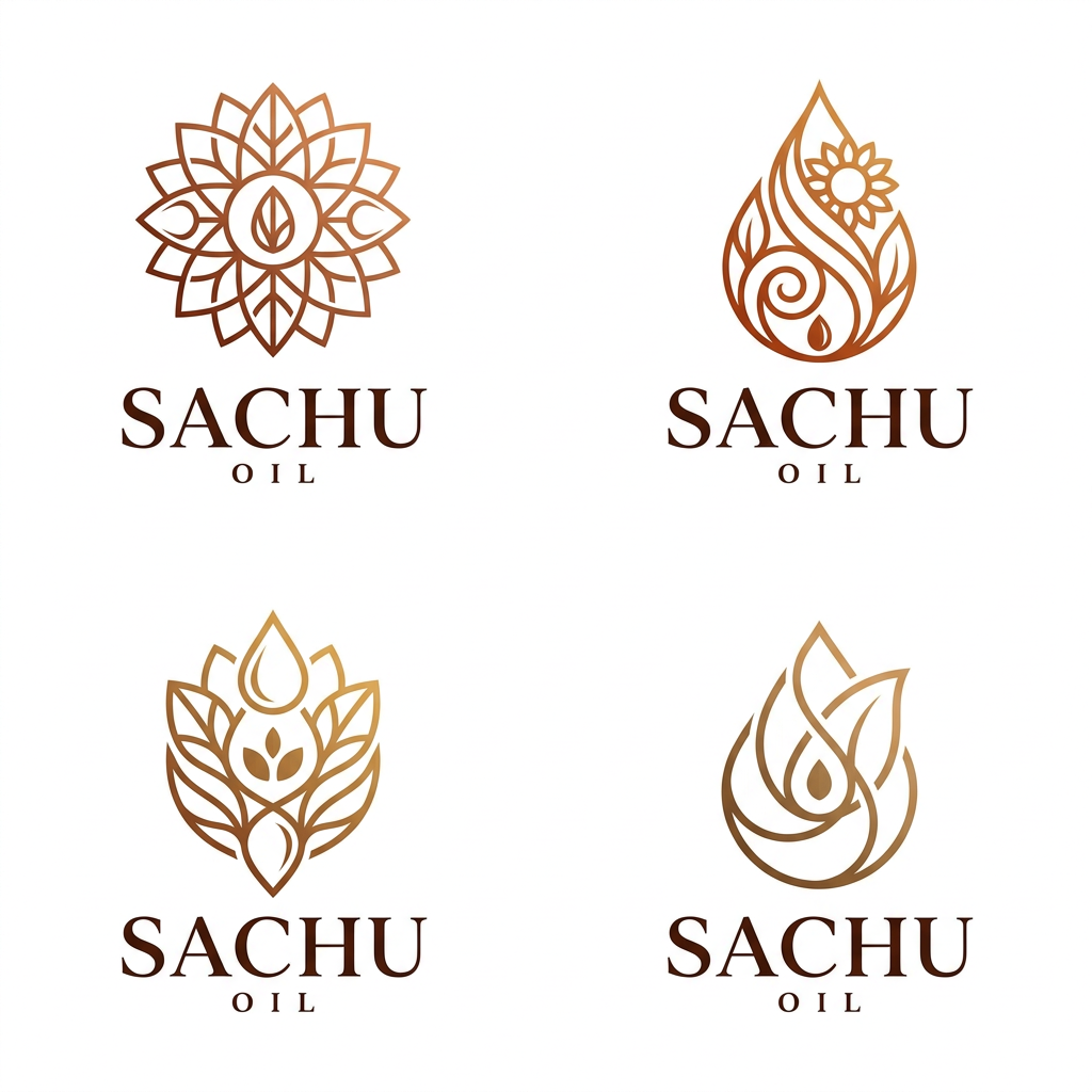 AI Design for Create a premium luxury logo for an edible oil brand named "SACHU OIL".
Style: Minimalist, elegant, high-end FMCG branding.
Design a unique abstract symbol above the text inspired by oil drops, sunflower petals, sesame seeds, leaves, natural flow, and organic purity.
The symbol should feel similar in sophistication to luxury beauty and wellness brands, not a generic food logo.
Use refined thin-line geometry, balanced symmetry, and creative negative space.
Typography: Large elegant serif font for SACHU, small widely-spaced OIL underneath.
Color palette: Deep copper, burnt orange, warm gold, premium bronze.
Clean white background.
Premium packaging-ready logo.
Modern, memorable, eye-catching, professional, luxurious, trustworthy, organic, export-quality branding.
Avoid cartoon styles, clipart, stock icons, and overly detailed illustrations.
Create multiple concepts with different floral-oil-drop hybrid symbols while maintaining the same luxury aesthetic.
Square composition, 1:1 ratio, ultra-high quality, brand identity presentation.