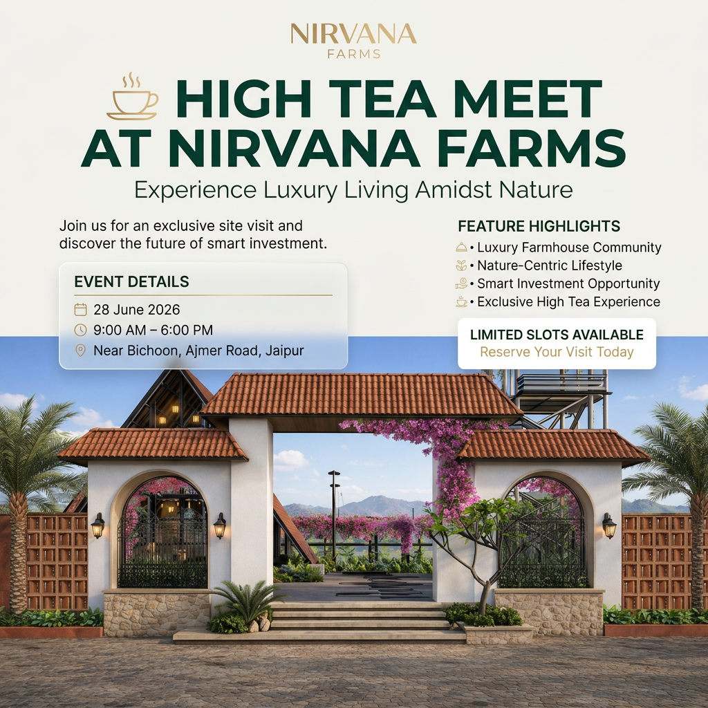 AI Design for Create an ultra-premium Instagram poster (1080x1350 px, 4:5 ratio) for a luxury farmhouse project.
Use the uploaded NIRVANA FARMS entrance image as the main hero visual. The image should occupy the lower half of the poster and remain realistic, sharp, and premium.
Design Style:
Luxury real estate branding,
Apple keynote presentation,
Forbes magazine cover,
Behance featured project,
Modern Figma UI design.
Do not create AI-generated artwork.
Do not create fantasy elements.
Do not create cartoon graphics.
Looks like designed by a senior branding and UI designer.
Color Palette:
Deep emerald green,
off-white,
champagne gold accents.
Layout:
Minimalist luxury layout.
Strong typography hierarchy.
Editorial composition.
Clean spacing.
Modern grid system.
TOP SECTION
NIRVANA FARMS (Logo)
MAIN HEADLINE
☕ HIGH TEA MEET
AT NIRVANA FARMS
SUBHEADLINE
Experience Luxury Living Amidst Nature
BODY TEXT
Join us for an exclusive site visit and discover the future of smart investment.
EVENT DETAILS
📅 28 June 2026
⏰ 9:00 AM – 6:00 PM
📍 Near Bichoon, Ajmer Road, Jaipur
FEATURE HIGHLIGHTS
• Luxury Farmhouse Community
• Nature-Centric Lifestyle
• Smart Investment Opportunity
• Exclusive High Tea Experience
BOTTOM CTA
LIMITED SLOTS AVAILABLE
Reserve Your Visit Today
Visual Effects:
Luxury glassmorphism cards
Subtle gold dividers
Soft shadows
Premium lighting
Elegant UI components
Clean premium typography
The uploaded farmhouse entrance image must remain the hero attraction and should look like an actual luxury real estate advertisement, not AI art.
Looks exactly like a premium Figma design, Behance featured project, luxury real estate campaign, Forbes editorial advertisement.
No AI look.
No stock template look.
No clutter.
Ultra-premium and realistic.