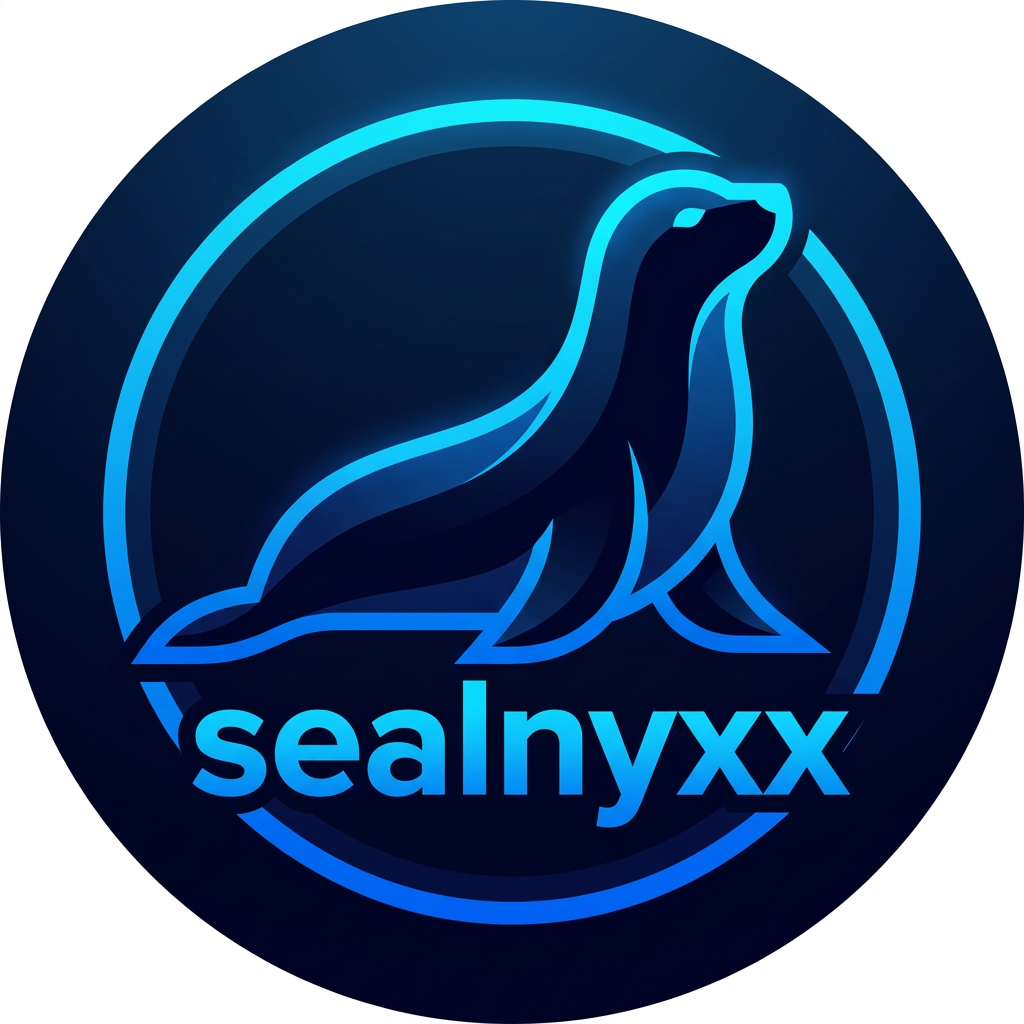 AI Design for A sleek, modern minimalist mascot logo featuring a stylized seal silhouette, designed for a Discord profile picture. The design incorporates elegant, bold typography spelling out 'sealnyxx' integrated into the composition, using a deep navy and electric blue color palette with clean geometric lines and a high-contrast aesthetic suitable for small circular avatars.