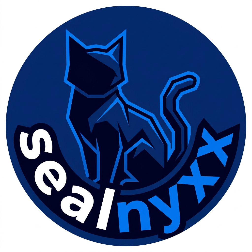 AI Design for A sleek, modern minimalist mascot logo featuring a stylized seal silhouette, designed for a Discord profile picture. The design incorporates elegant, bold typography spelling out 'sealnyxx' integrated into the composition, using a deep navy and electric blue color palette with clean geometric lines and a high-contrast aesthetic suitable for small circular avatars. instead of a seal in it make it look a black cat