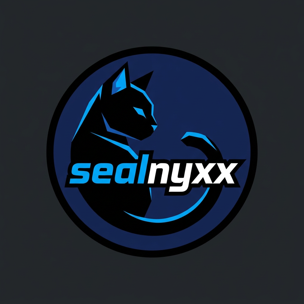AI Design for A sleek, modern minimalist mascot logo featuring a stylized seal silhouette, designed for a Discord profile picture. The design incorporates elegant, bold typography spelling out 'sealnyxx' integrated into the composition, using a deep navy and electric blue color palette with clean geometric lines and a high-contrast aesthetic suitable for small circular avatars. instead of a seal in it make it look a black cat