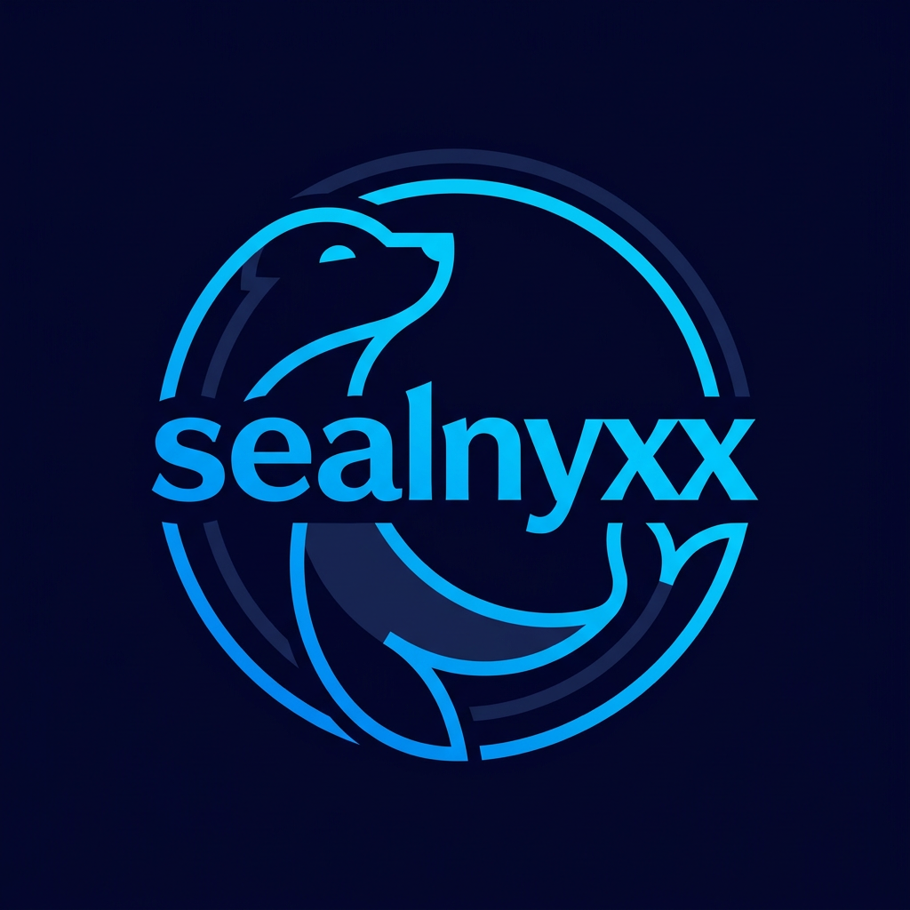 AI Design for A sleek, modern minimalist mascot logo featuring a stylized seal silhouette, designed for a Discord profile picture. The design incorporates elegant, bold typography spelling out 'sealnyxx' integrated into the composition, using a deep navy and electric blue color palette with clean geometric lines and a high-contrast aesthetic suitable for small circular avatars.