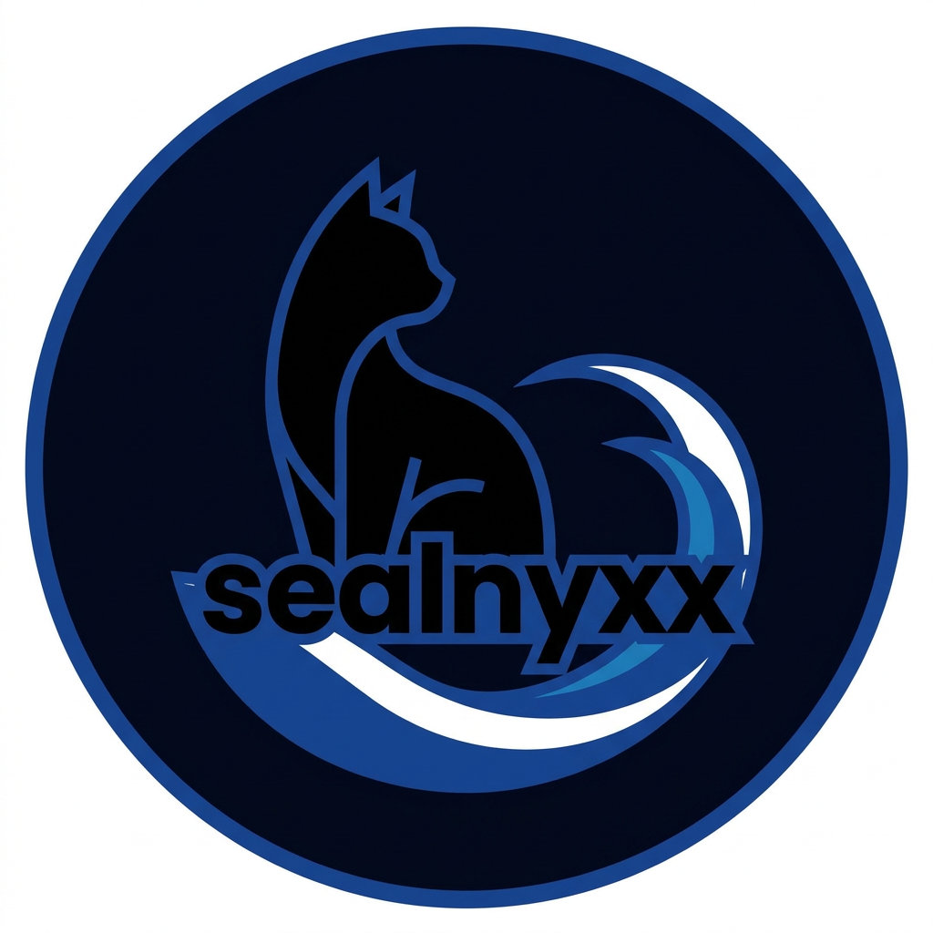 AI Design for A sleek, modern minimalist mascot logo featuring a stylized seal silhouette, designed for a Discord profile picture. The design incorporates elegant, bold typography spelling out 'sealnyxx' integrated into the composition, using a deep navy and electric blue color palette with clean geometric lines and a high-contrast aesthetic suitable for small circular avatars. instead of a seal in it make it look a black cat