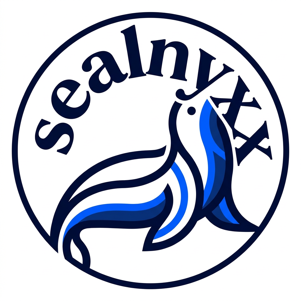 AI Design for A sleek, modern minimalist mascot logo featuring a stylized seal silhouette, designed for a Discord profile picture. The design incorporates elegant, bold typography spelling out 'sealnyxx' integrated into the composition, using a deep navy and electric blue color palette with clean geometric lines and a high-contrast aesthetic suitable for small circular avatars.