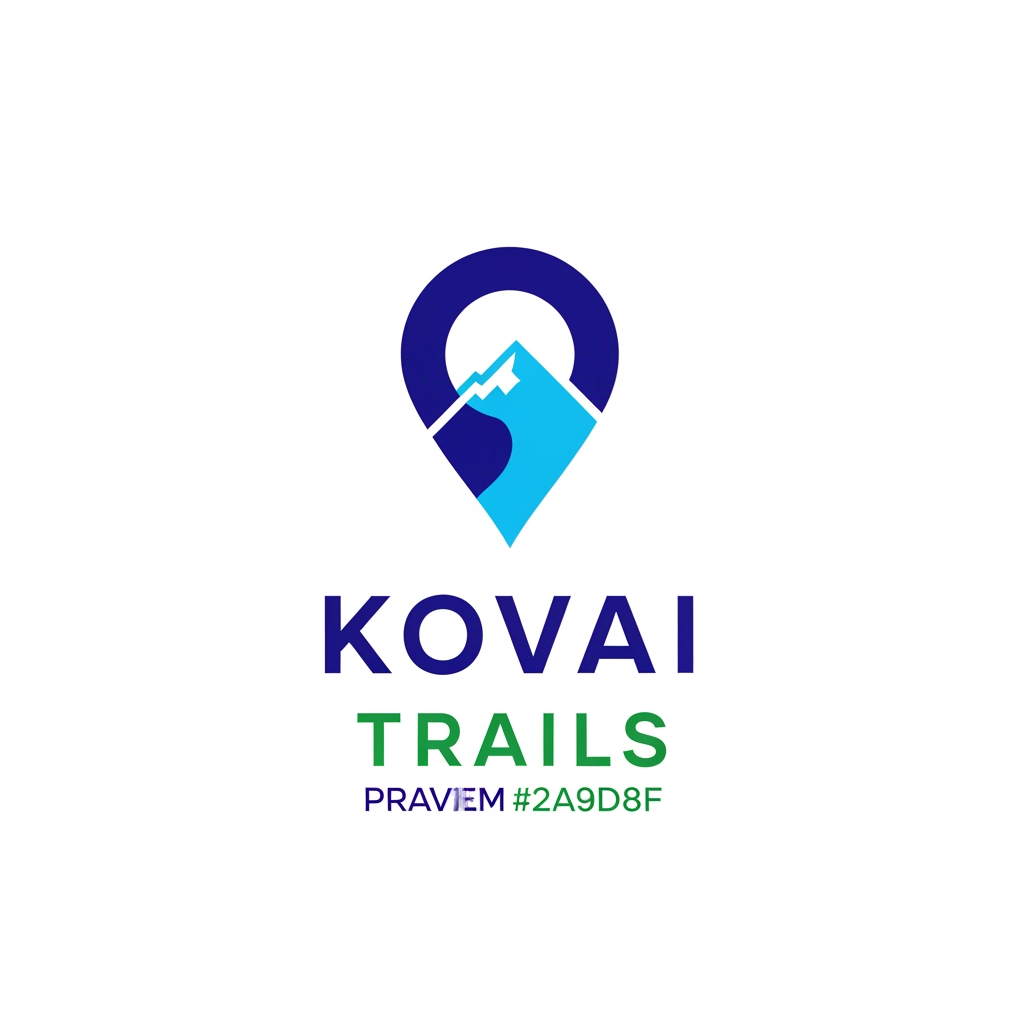 AI Design for Design a modern, innovative, and premium logo for a travel and tourism platform called "Kovai Trails".
Create a unique location pin icon that seamlessly integrates a minimalist mountain silhouette inside the pin, symbolizing exploration, destinations, nature, and discovery. The design should feel like a modern tech startup rather than a traditional travel agency.
Style: minimal, geometric, clean, flat vector design, highly memorable, scalable, timeless, professional.
Avoid common travel clichés such as airplanes, passports, suitcases, globes, and generic tourism symbols.
Color Palette:
* Primary: #0F4C5C (Deep Ocean Blue)
* Secondary: #E9C46A (Warm Sand Gold)
* Accent: #2A9D8F (Travel Green)
Typography:
* Modern sans-serif similar to Sora
* Custom wordmark for "Kovai Trails"
* Premium letter spacing
* Clean and sophisticated appearance
Requirements:
* White background
* Balanced icon and wordmark lockup
* Flat vector style
* Strong brand identity
* Suitable for website, mobile app, favicon, social media, and merchandise
* High-end tourism and destination discovery brand aesthetic
Keywords:
minimalist logo, travel startup, destination explorer, location pin, mountain icon, luxury simplicity, modern branding, vector logo, iconic mark, award-winning logo design, Silicon Valley startup quality, clean negative space, memorable symbol.