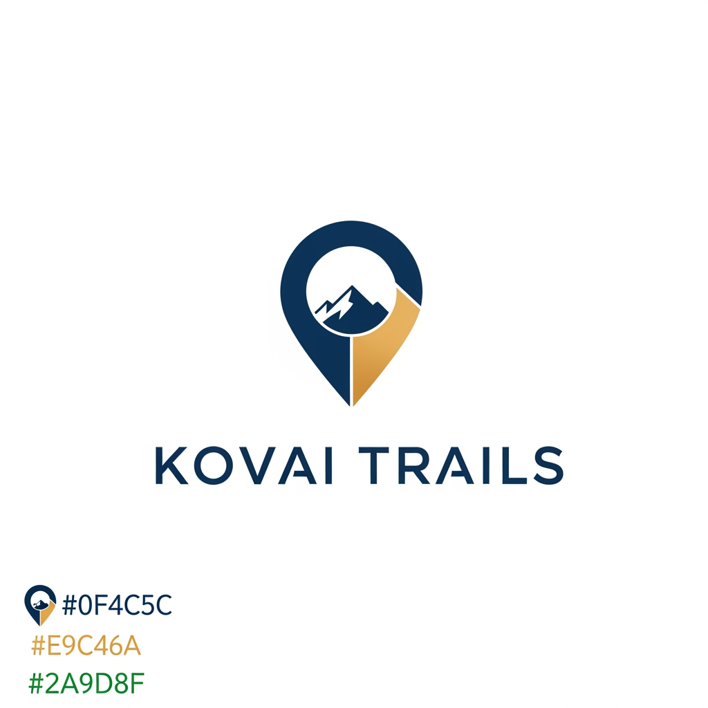 AI Design for Design a modern, innovative, and premium logo for a travel and tourism platform called "Kovai Trails".
Create a unique location pin icon that seamlessly integrates a minimalist mountain silhouette inside the pin, symbolizing exploration, destinations, nature, and discovery. The design should feel like a modern tech startup rather than a traditional travel agency.
Style: minimal, geometric, clean, flat vector design, highly memorable, scalable, timeless, professional.
Avoid common travel clichés such as airplanes, passports, suitcases, globes, and generic tourism symbols.
Color Palette:
* Primary: #0F4C5C (Deep Ocean Blue)
* Secondary: #E9C46A (Warm Sand Gold)
* Accent: #2A9D8F (Travel Green)
Typography:
* Modern sans-serif similar to Sora
* Custom wordmark for "Kovai Trails"
* Premium letter spacing
* Clean and sophisticated appearance
Requirements:
* White background
* Balanced icon and wordmark lockup
* Flat vector style
* Strong brand identity
* Suitable for website, mobile app, favicon, social media, and merchandise
* High-end tourism and destination discovery brand aesthetic
Keywords:
minimalist logo, travel startup, destination explorer, location pin, mountain icon, luxury simplicity, modern branding, vector logo, iconic mark, award-winning logo design, Silicon Valley startup quality, clean negative space, memorable symbol.