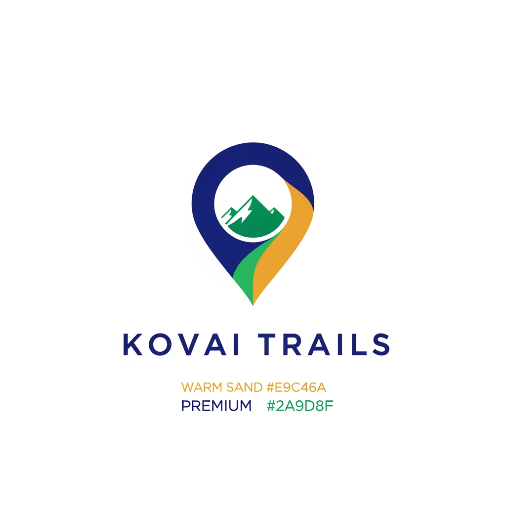 AI Design for Design a modern, innovative, and premium logo for a travel and tourism platform called "Kovai Trails".
Create a unique location pin icon that seamlessly integrates a minimalist mountain silhouette inside the pin, symbolizing exploration, destinations, nature, and discovery. The design should feel like a modern tech startup rather than a traditional travel agency.
Style: minimal, geometric, clean, flat vector design, highly memorable, scalable, timeless, professional.
Avoid common travel clichés such as airplanes, passports, suitcases, globes, and generic tourism symbols.
Color Palette:
* Primary: #0F4C5C (Deep Ocean Blue)
* Secondary: #E9C46A (Warm Sand Gold)
* Accent: #2A9D8F (Travel Green)
Typography:
* Modern sans-serif similar to Sora
* Custom wordmark for "Kovai Trails"
* Premium letter spacing
* Clean and sophisticated appearance
Requirements:
* White background
* Balanced icon and wordmark lockup
* Flat vector style
* Strong brand identity
* Suitable for website, mobile app, favicon, social media, and merchandise
* High-end tourism and destination discovery brand aesthetic
Keywords:
minimalist logo, travel startup, destination explorer, location pin, mountain icon, luxury simplicity, modern branding, vector logo, iconic mark, award-winning logo design, Silicon Valley startup quality, clean negative space, memorable symbol.