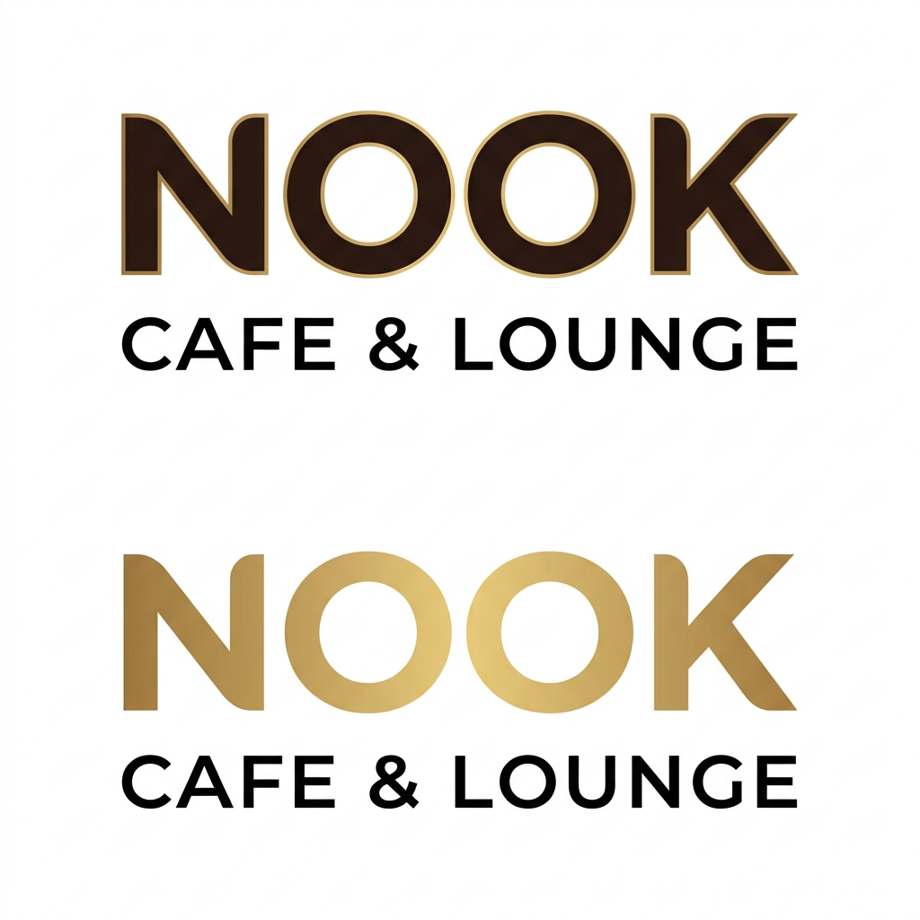 AI Design for Design a premium, modern, text-based logo for "NOOK Cafe & Lounge". Create a clean and elegant wordmark logo with strong brand identity. Use custom typography where "NOOK" is the main focus in bold, stylish, luxury lettering, while "Cafe & Lounge" appears smaller beneath or beside it in a sophisticated sans-serif font. Minimalist design, balanced spacing, smooth curves, high-end hospitality branding, contemporary café aesthetic, professional vector style, crisp edges, perfect symmetry, memorable and scalable logo. Use a warm coffee-inspired color palette with deep espresso brown, matte black, and subtle gold accents. White background, no mockup, no extra objects, no coffee cups, no unnecessary icons. Premium branding suitable for café, lounge, restaurant, signage, menus, packaging, social media, and storefronts. Ultra-clean, luxury typography, award-winning logo design, Adobe Illustrator vector quality, centered composition.

Luxury Black & Gold Version:

Create a luxury text-only logo for NOOK Cafe & Lounge, featuring custom elegant typography, bold modern wordmark, premium black and gold color scheme, minimalist hospitality branding, sophisticated letter spacing, upscale lounge atmosphere, clean white background, vector logo, professional brand identity, high-end restaurant and café logo, timeless and memorable design, no icons, typography-focused logo.