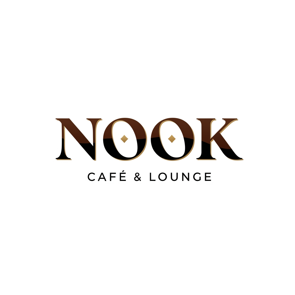 AI Design for Design a premium, modern, text-based logo for "NOOK Cafe & Lounge". Create a clean and elegant wordmark logo with strong brand identity. Use custom typography where "NOOK" is the main focus in bold, stylish, luxury lettering, while "Cafe & Lounge" appears smaller beneath or beside it in a sophisticated sans-serif font. Minimalist design, balanced spacing, smooth curves, high-end hospitality branding, contemporary café aesthetic, professional vector style, crisp edges, perfect symmetry, memorable and scalable logo. Use a warm coffee-inspired color palette with deep espresso brown, matte black, and subtle gold accents. White background, no mockup, no extra objects, no coffee cups, no unnecessary icons. Premium branding suitable for café, lounge, restaurant, signage, menus, packaging, social media, and storefronts. Ultra-clean, luxury typography, award-winning logo design, Adobe Illustrator vector quality, centered composition.

Luxury Black & Gold Version:

Create a luxury text-only logo for NOOK Cafe & Lounge, featuring custom elegant typography, bold modern wordmark, premium black and gold color scheme, minimalist hospitality branding, sophisticated letter spacing, upscale lounge atmosphere, clean white background, vector logo, professional brand identity, high-end restaurant and café logo, timeless and memorable design, no icons, typography-focused logo.