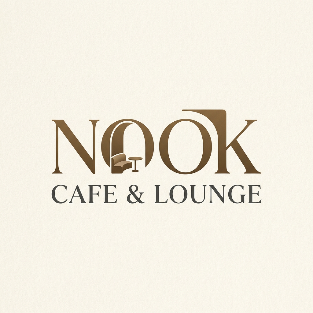 AI Design for Design a sophisticated text-based logo for NOOK Cafe & Lounge where the typography subtly forms a cozy hidden corner (nook) within the letters. Use clever negative space to create the feeling of a private relaxing café spot. The letters should appear warm, inviting, and premium, with architectural elegance inspired by modern cafés. No icons, no coffee cups, only typography-driven storytelling. Luxury hospitality branding, artistic letter construction, memorable and iconic wordmark, premium vector design.