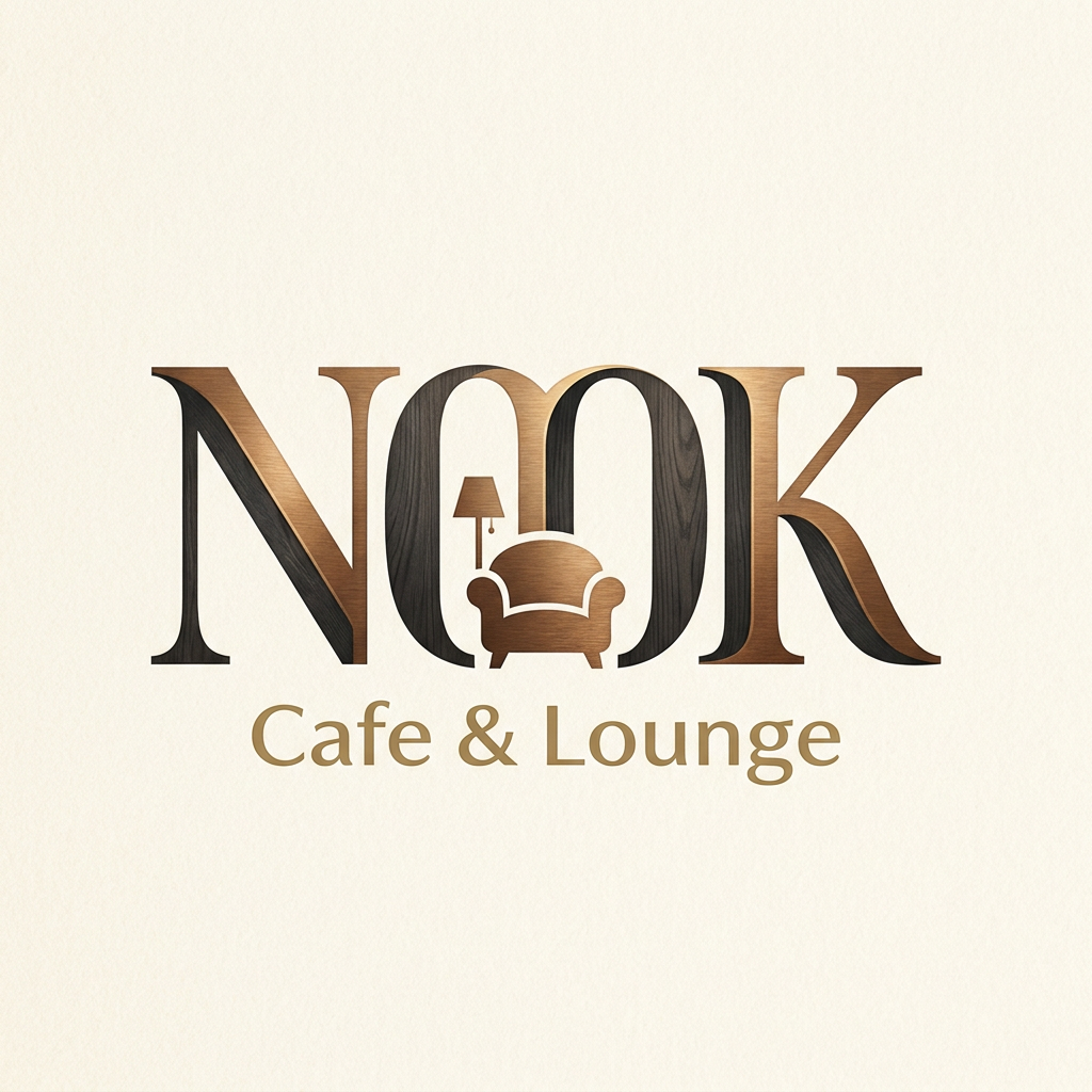 AI Design for Design a sophisticated text-based logo for NOOK Cafe & Lounge where the typography subtly forms a cozy hidden corner (nook) within the letters. Use clever negative space to create the feeling of a private relaxing café spot. The letters should appear warm, inviting, and premium, with architectural elegance inspired by modern cafés. No icons, no coffee cups, only typography-driven storytelling. Luxury hospitality branding, artistic letter construction, memorable and iconic wordmark, premium vector design.