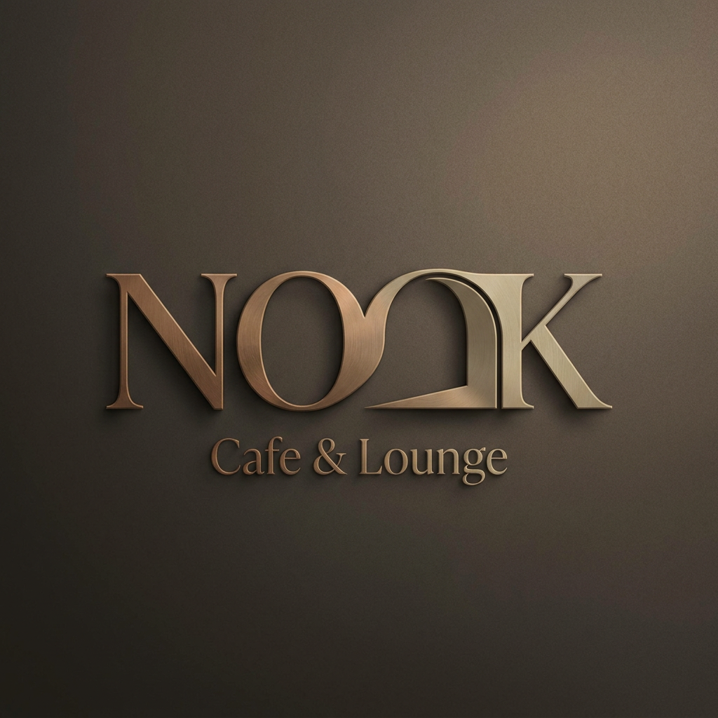 AI Design for Design a sophisticated text-based logo for NOOK Cafe & Lounge where the typography subtly forms a cozy hidden corner (nook) within the letters. Use clever negative space to create the feeling of a private relaxing café spot. The letters should appear warm, inviting, and premium, with architectural elegance inspired by modern cafés. No icons, no coffee cups, only typography-driven storytelling. Luxury hospitality branding, artistic letter construction, memorable and iconic wordmark, premium vector design.