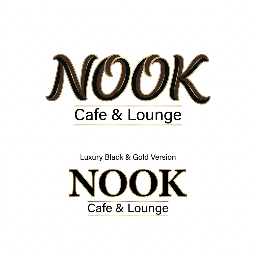 AI Design for Design a premium, modern, text-based logo for "NOOK Cafe & Lounge". Create a clean and elegant wordmark logo with strong brand identity. Use custom typography where "NOOK" is the main focus in bold, stylish, luxury lettering, while "Cafe & Lounge" appears smaller beneath or beside it in a sophisticated sans-serif font. Minimalist design, balanced spacing, smooth curves, high-end hospitality branding, contemporary café aesthetic, professional vector style, crisp edges, perfect symmetry, memorable and scalable logo. Use a warm coffee-inspired color palette with deep espresso brown, matte black, and subtle gold accents. White background, no mockup, no extra objects, no coffee cups, no unnecessary icons. Premium branding suitable for café, lounge, restaurant, signage, menus, packaging, social media, and storefronts. Ultra-clean, luxury typography, award-winning logo design, Adobe Illustrator vector quality, centered composition.

Luxury Black & Gold Version:

Create a luxury text-only logo for NOOK Cafe & Lounge, featuring custom elegant typography, bold modern wordmark, premium black and gold color scheme, minimalist hospitality branding, sophisticated letter spacing, upscale lounge atmosphere, clean white background, vector logo, professional brand identity, high-end restaurant and café logo, timeless and memorable design, no icons, typography-focused logo.