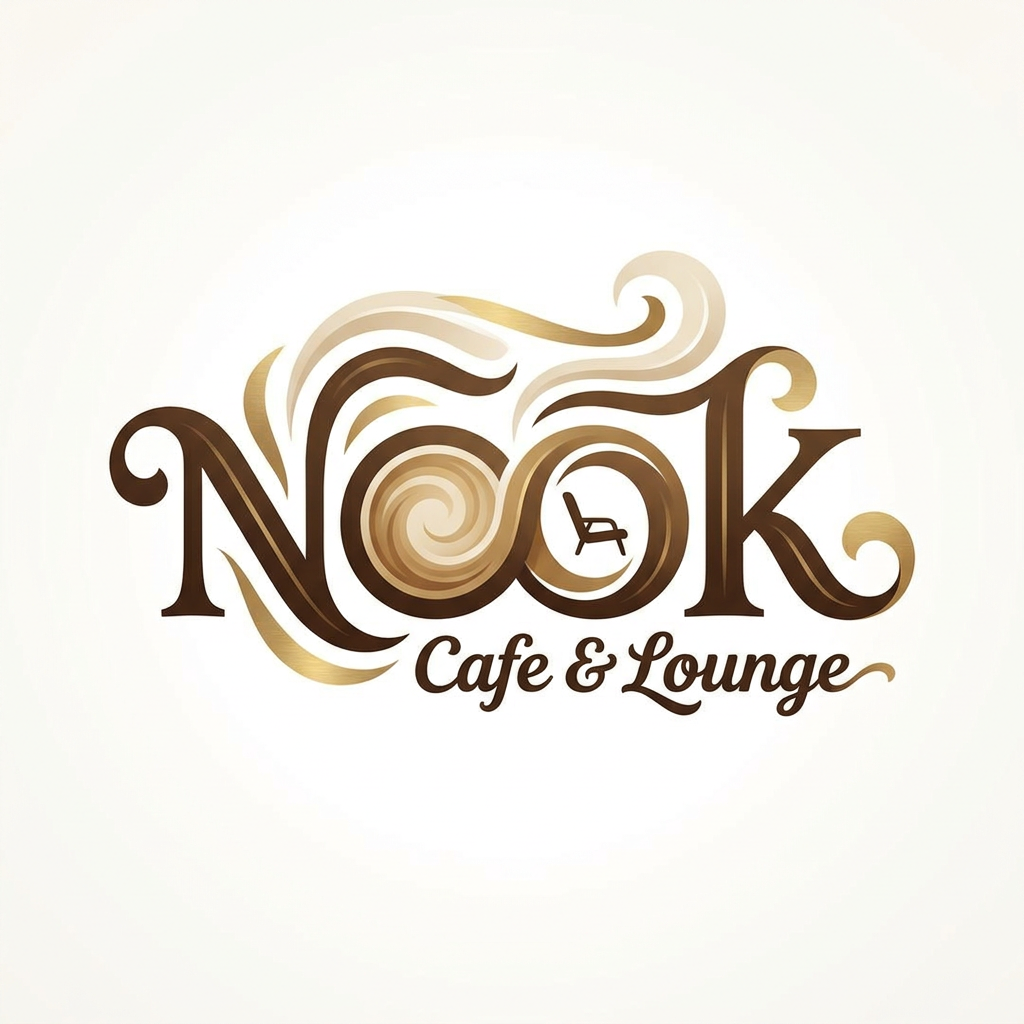 AI Design for Create a highly creative and premium text-based logo for "NOOK Cafe & Lounge" where the typography itself tells the café story. Integrate subtle coffee-inspired elements directly into the letters without using separate icons. The letter "O" can feature a stylish coffee swirl, steam pattern, or cozy lounge-inspired negative space. Letters should flow smoothly with warm, inviting curves that evoke the feeling of a modern café and relaxing lounge. Elegant custom typography, handcrafted wordmark, luxury café branding, minimalist yet artistic, sophisticated coffeehouse atmosphere, premium vector design, perfect balance between creativity and readability, warm earthy tones, espresso brown, cream, and subtle gold accents, clean background, award-winning branding style, memorable and unique.