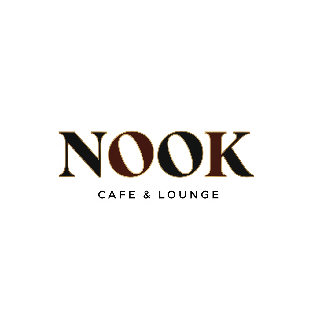 AI Design for Design a premium, modern, text-based logo for "NOOK Cafe & Lounge". Create a clean and elegant wordmark logo with strong brand identity. Use custom typography where "NOOK" is the main focus in bold, stylish, luxury lettering, while "Cafe & Lounge" appears smaller beneath or beside it in a sophisticated sans-serif font. Minimalist design, balanced spacing, smooth curves, high-end hospitality branding, contemporary café aesthetic, professional vector style, crisp edges, perfect symmetry, memorable and scalable logo. Use a warm coffee-inspired color palette with deep espresso brown, matte black, and subtle gold accents. White background, no mockup, no extra objects, no coffee cups, no unnecessary icons. Premium branding suitable for café, lounge, restaurant, signage, menus, packaging, social media, and storefronts. Ultra-clean, luxury typography, award-winning logo design, Adobe Illustrator vector quality, centered composition.

Luxury Black & Gold Version:

Create a luxury text-only logo for NOOK Cafe & Lounge, featuring custom elegant typography, bold modern wordmark, premium black and gold color scheme, minimalist hospitality branding, sophisticated letter spacing, upscale lounge atmosphere, clean white background, vector logo, professional brand identity, high-end restaurant and café logo, timeless and memorable design, no icons, typography-focused logo.