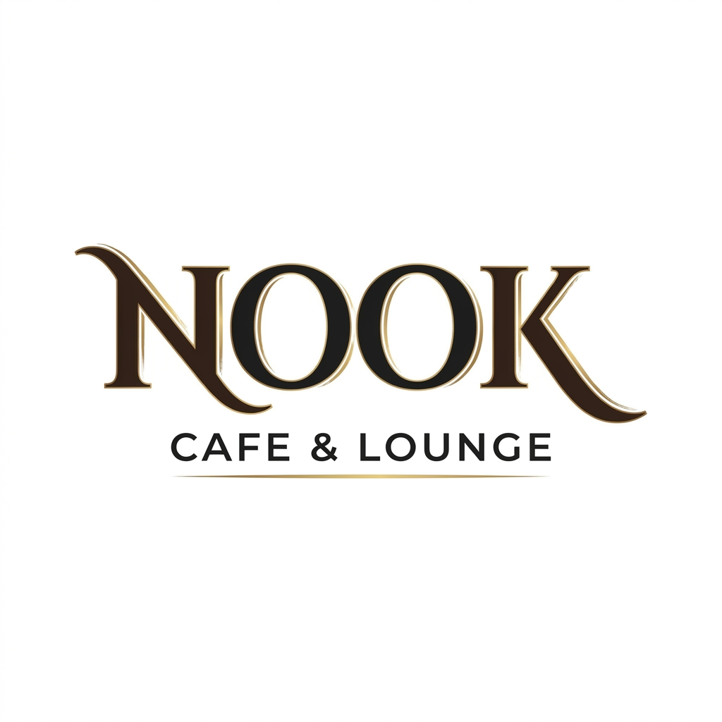 AI Design for Design a premium, modern, text-based logo for "NOOK Cafe & Lounge". Create a clean and elegant wordmark logo with strong brand identity. Use custom typography where "NOOK" is the main focus in bold, stylish, luxury lettering, while "Cafe & Lounge" appears smaller beneath or beside it in a sophisticated sans-serif font. Minimalist design, balanced spacing, smooth curves, high-end hospitality branding, contemporary café aesthetic, professional vector style, crisp edges, perfect symmetry, memorable and scalable logo. Use a warm coffee-inspired color palette with deep espresso brown, matte black, and subtle gold accents. White background, no mockup, no extra objects, no coffee cups, no unnecessary icons. Premium branding suitable for café, lounge, restaurant, signage, menus, packaging, social media, and storefronts. Ultra-clean, luxury typography, award-winning logo design, Adobe Illustrator vector quality, centered composition.

Luxury Black & Gold Version:

Create a luxury text-only logo for NOOK Cafe & Lounge, featuring custom elegant typography, bold modern wordmark, premium black and gold color scheme, minimalist hospitality branding, sophisticated letter spacing, upscale lounge atmosphere, clean white background, vector logo, professional brand identity, high-end restaurant and café logo, timeless and memorable design, no icons, typography-focused logo.