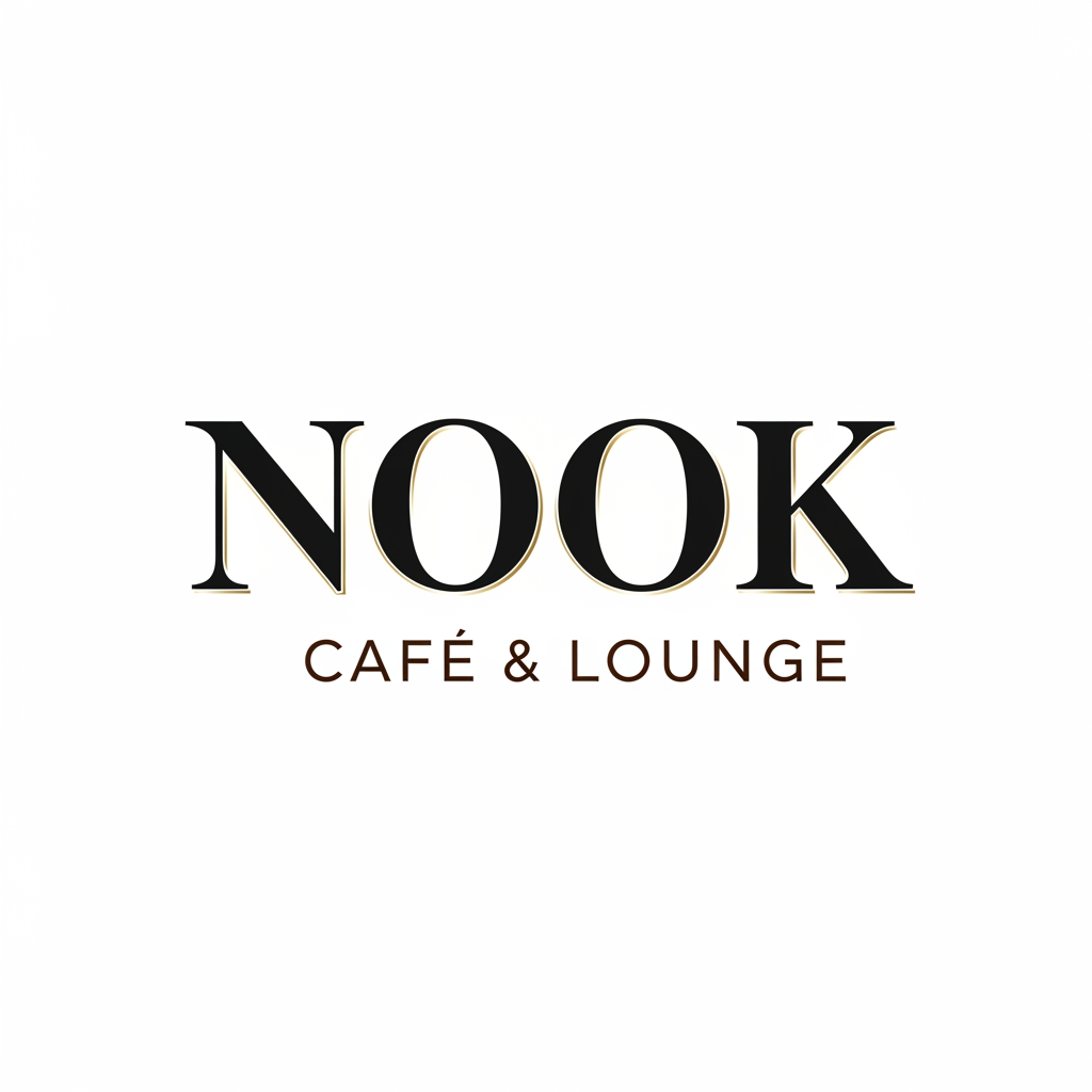 AI Design for Design a premium, modern, text-based logo for "NOOK Cafe & Lounge". Create a clean and elegant wordmark logo with strong brand identity. Use custom typography where "NOOK" is the main focus in bold, stylish, luxury lettering, while "Cafe & Lounge" appears smaller beneath or beside it in a sophisticated sans-serif font. Minimalist design, balanced spacing, smooth curves, high-end hospitality branding, contemporary café aesthetic, professional vector style, crisp edges, perfect symmetry, memorable and scalable logo. Use a warm coffee-inspired color palette with deep espresso brown, matte black, and subtle gold accents. White background, no mockup, no extra objects, no coffee cups, no unnecessary icons. Premium branding suitable for café, lounge, restaurant, signage, menus, packaging, social media, and storefronts. Ultra-clean, luxury typography, award-winning logo design, Adobe Illustrator vector quality, centered composition.

Luxury Black & Gold Version:

Create a luxury text-only logo for NOOK Cafe & Lounge, featuring custom elegant typography, bold modern wordmark, premium black and gold color scheme, minimalist hospitality branding, sophisticated letter spacing, upscale lounge atmosphere, clean white background, vector logo, professional brand identity, high-end restaurant and café logo, timeless and memorable design, no icons, typography-focused logo.